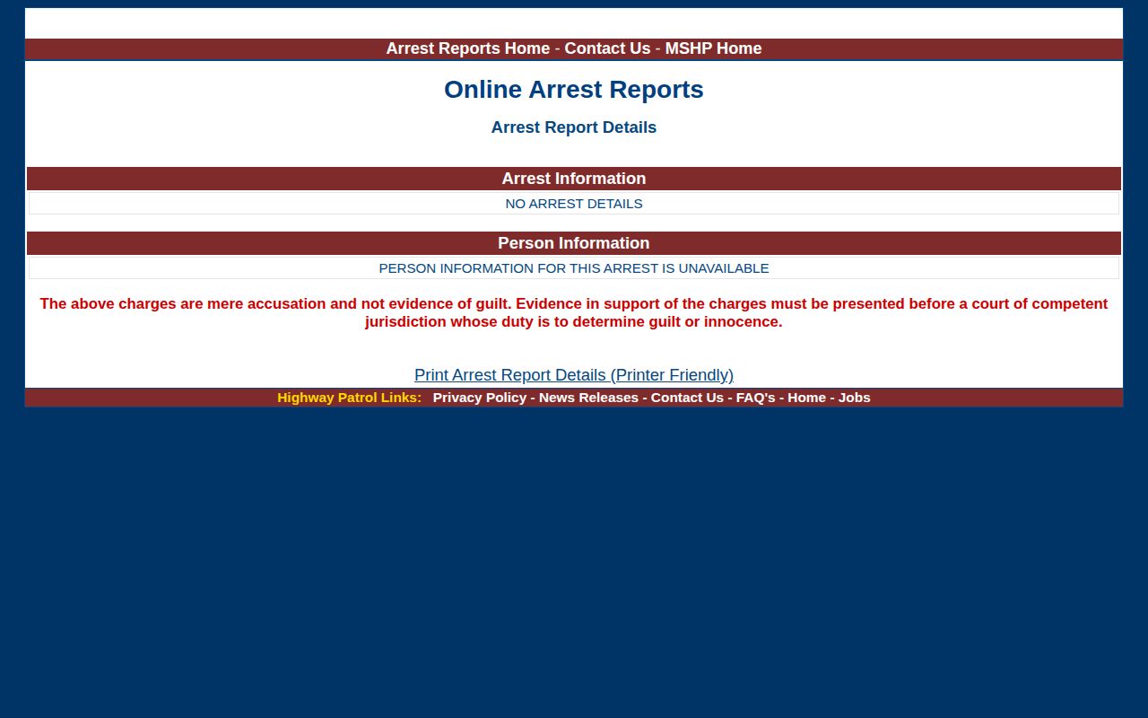 Missouri arrest detail record interface used for Daviess County verification
