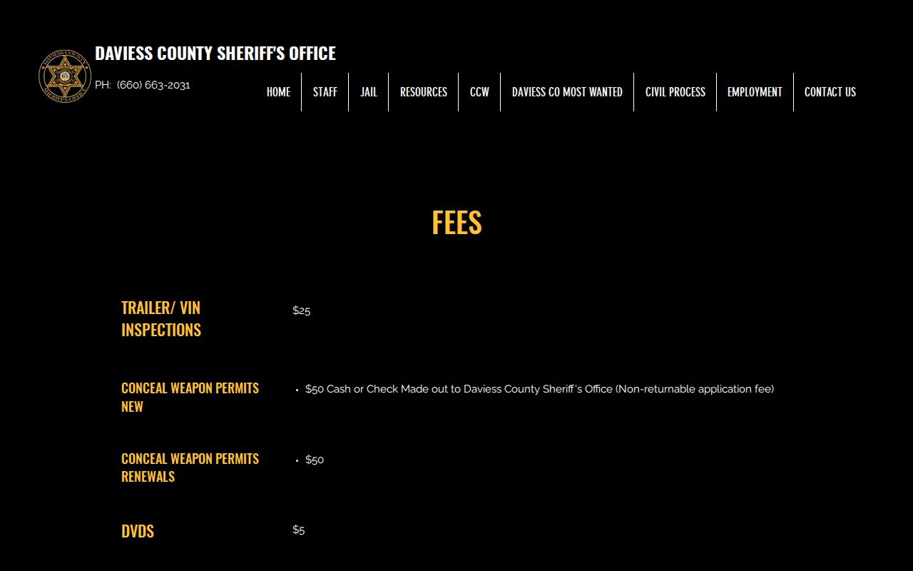 Daviess County Sheriff's Office official fee page for report copies