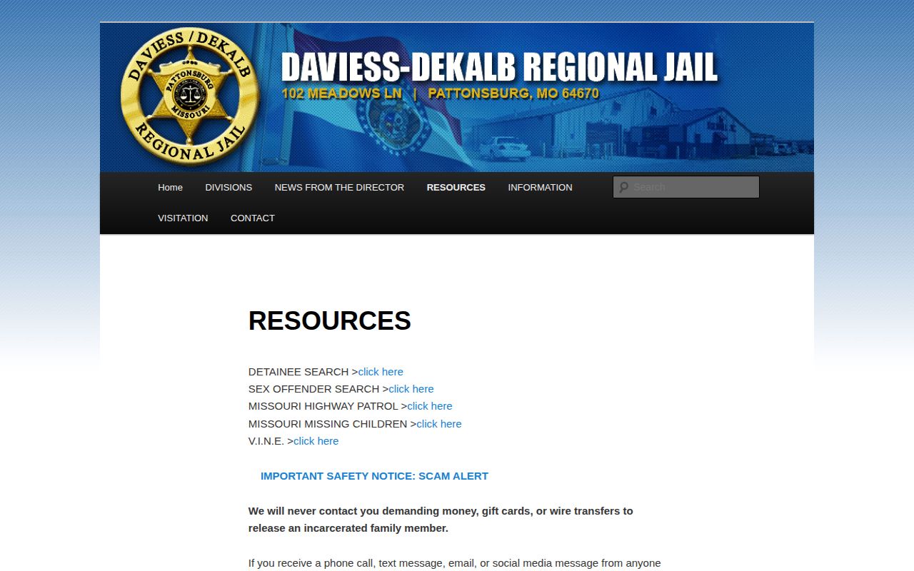 Daviess DeKalb Regional Jail resources page linking the official detainee search