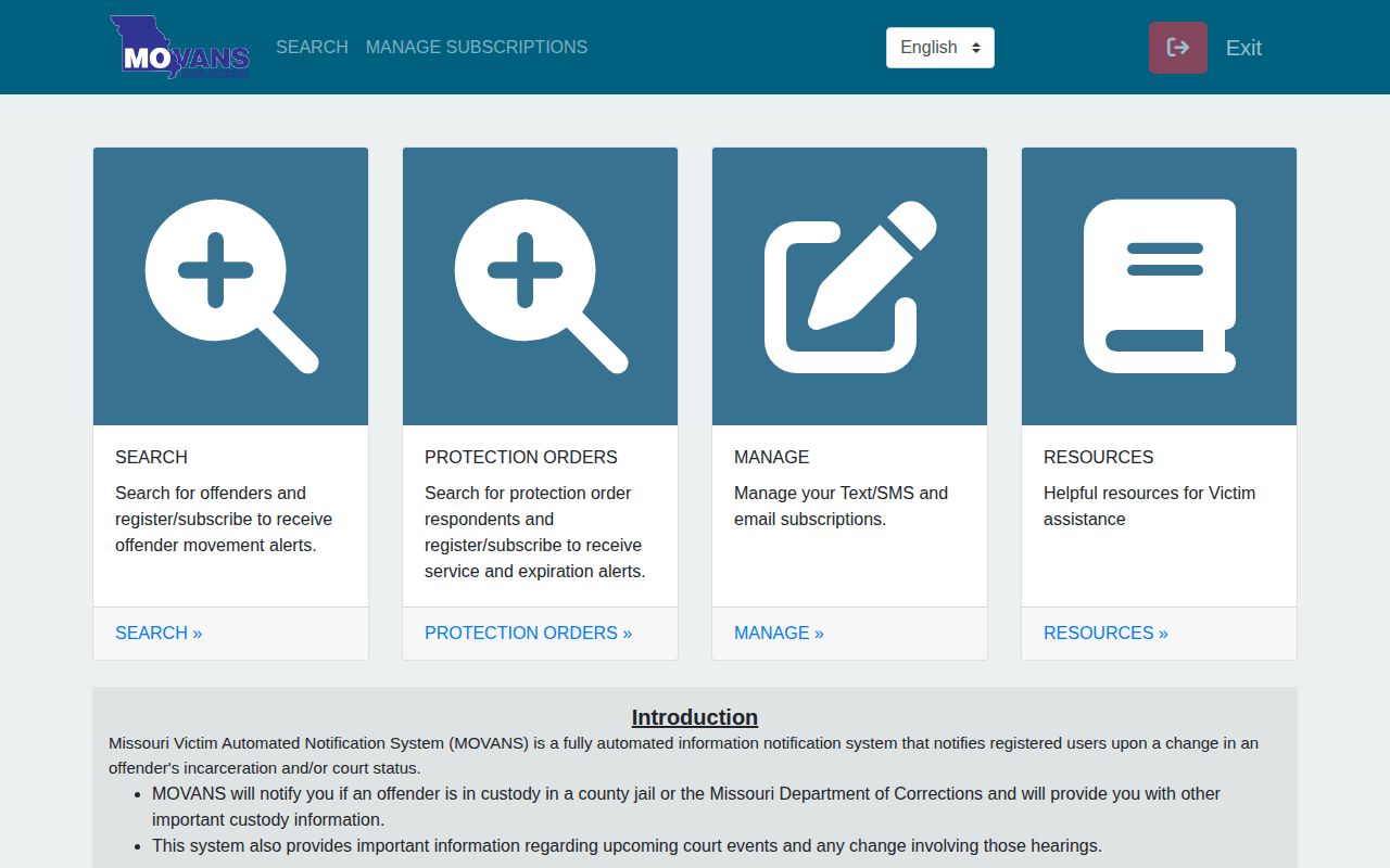 Missouri MOVANS custody notification service screen
