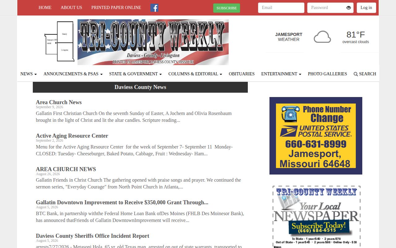 Jamesport Tri-County Weekly Daviess County News page with periodic local reports