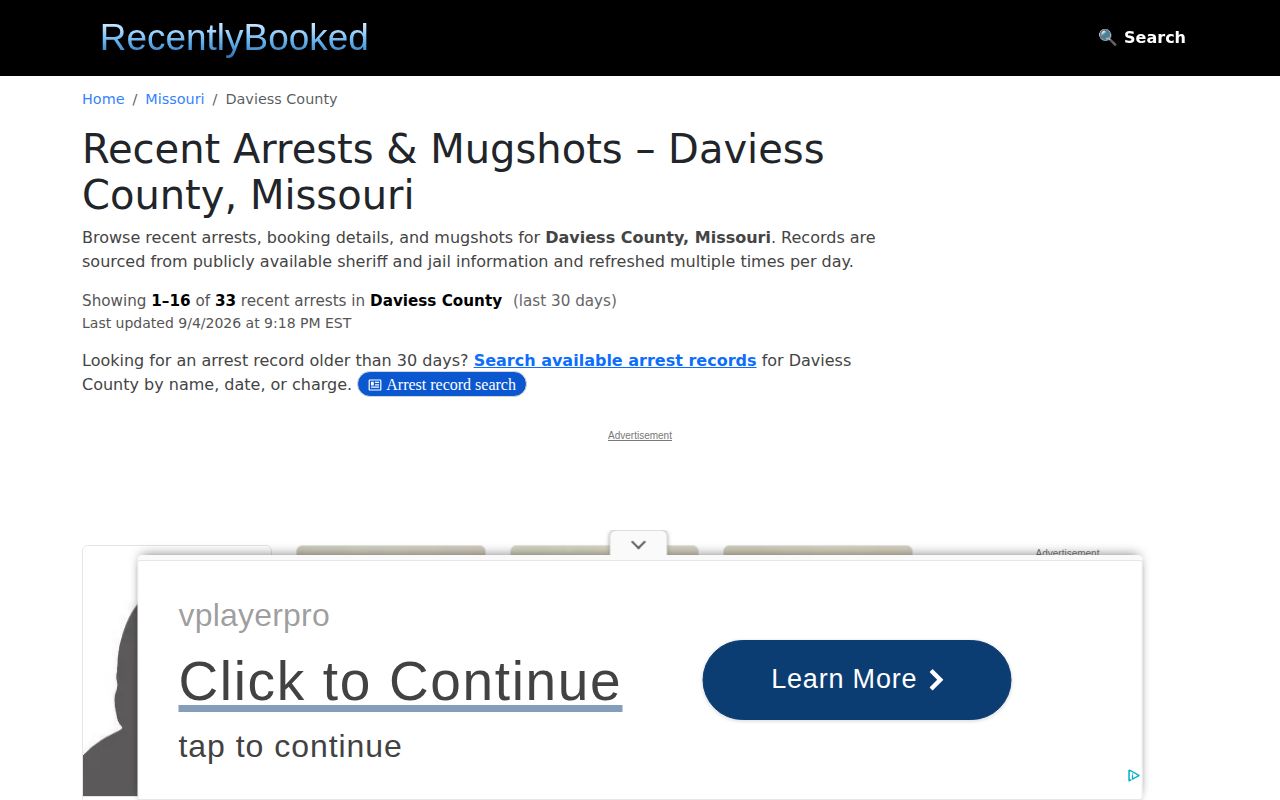 Unofficial RecentlyBooked Daviess County page shown for comparison with official sources